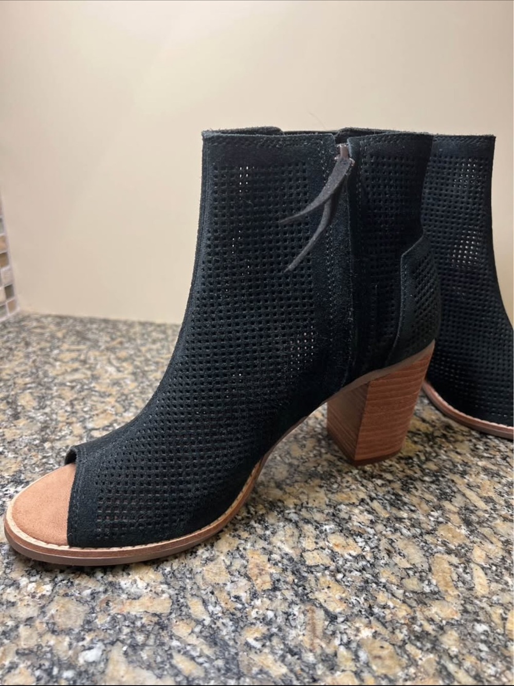 Toms Black Perforated Peep-Toe Block Heel Ankle Boots